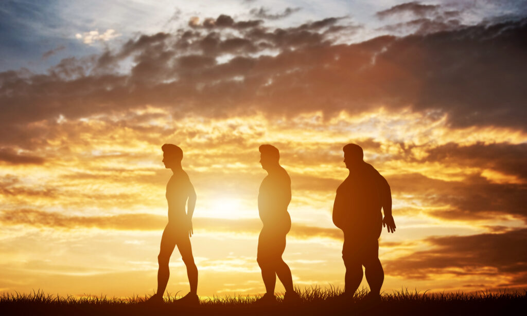 Three men silhouettes with different body types on a sunset sky. Body shape transformation and healthcare. 3D illustration.